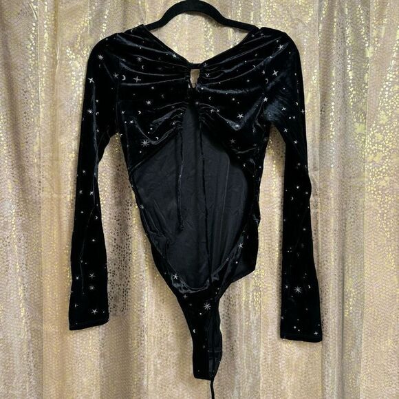 Wild Fable Black Velvet Whimsygoth Stars Moons Backless Bodysuit Small - Picture 2 of 11